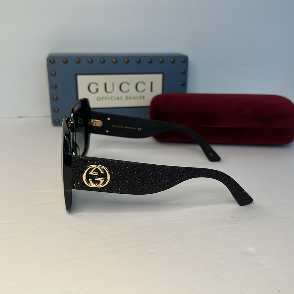 New Authentic GUCCI Square Frame Glitter GG0102S 001 Sunglasses Black - Picture 7 of 11